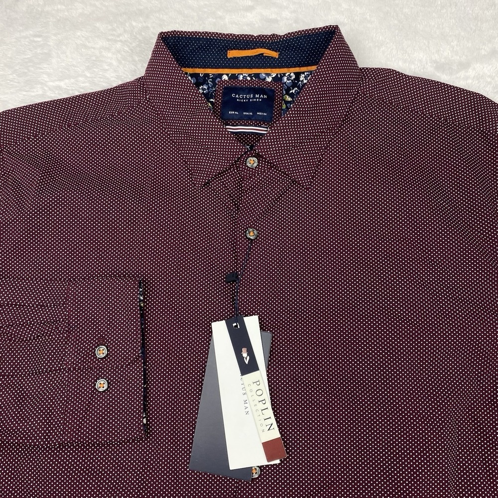 Cactus Man Ricky Singh Shirt Mens XL Maroon w/ White Dots Poplin Collection NWT!